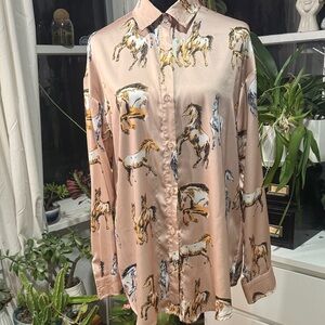 Mazik Beige Horse Print Women's Button Down Shirt